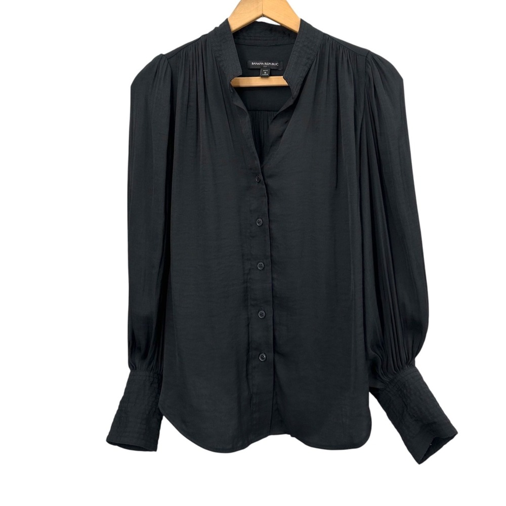 Banana Republic Balloon Sleeve Blouse Button-up Black Banded Collar Small Petite